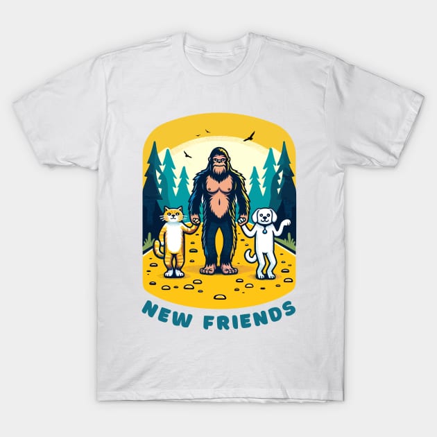 Big Foot Sasquatch becomes friends with a cat and a dog, funny t-shirt for lovers of cats, dogs and the outdoors. T-Shirt by Cat In Orbit ®